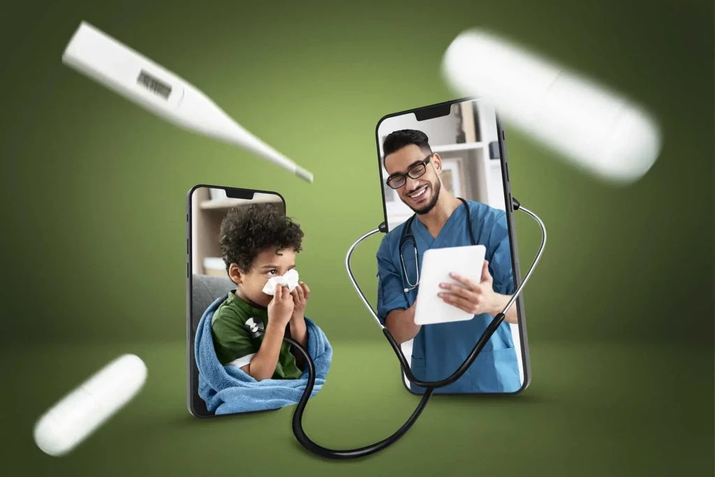 A-telehealth-consultation-depicted-through-smartphones. On-one-phone-screen,-a-child-with-curly-hair,-wrapped-in-a-blanket,-is-blowing-his-nose-while-looking-at-the-screen. On-the-other-phone-screen,-a-smiling-male-doctor-in-scrubs-and-glasses-is-holding-a-tablet-and-listening-through-a-stethoscope-connected-to-both-phones,-illustrating-the-concept-of-SEO-in-Healthcare.