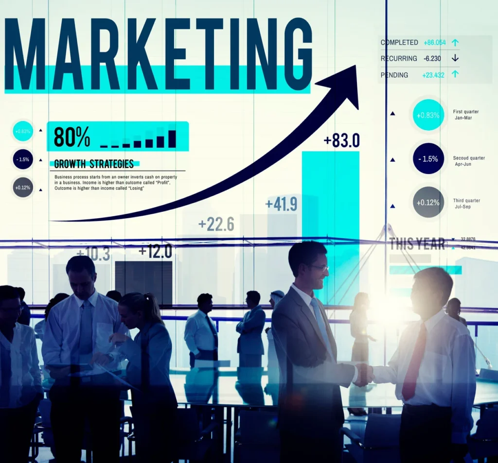 An office scene illustrating ‘Digital Marketing strategies’ with professionals gathered around a rising blue graph showing an 80% growth rate. Bold text ‘MARKETING’ dominates the top of the image while various metrics like ‘RECURRING,’ ‘PENDING,’ and ‘COMPLETED’ are displayed to one side, emphasizing data-driven decision-making in digital marketing.