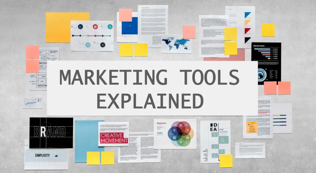 image of a board with sticky notes attached in the middle a whiteboard with text saying marketing tools explained