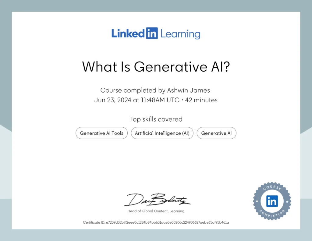 linkedin certicication for generative ai given to best digital marketer in thrissur